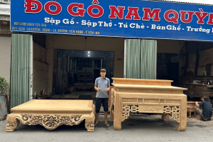 Sập ngũ phúc và bàn thờ gia tiên nhị cấp gỗ gụ Lào Của bác khách Thái Bình tại Đồ Gỗ Nam Quỳnh